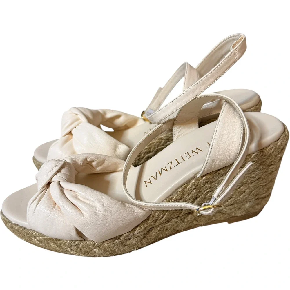 Stuart Weitzman Espadrille Wedge Sandals Playa 7B Cream Leather Knot SD898 - Picture 4 of 11
